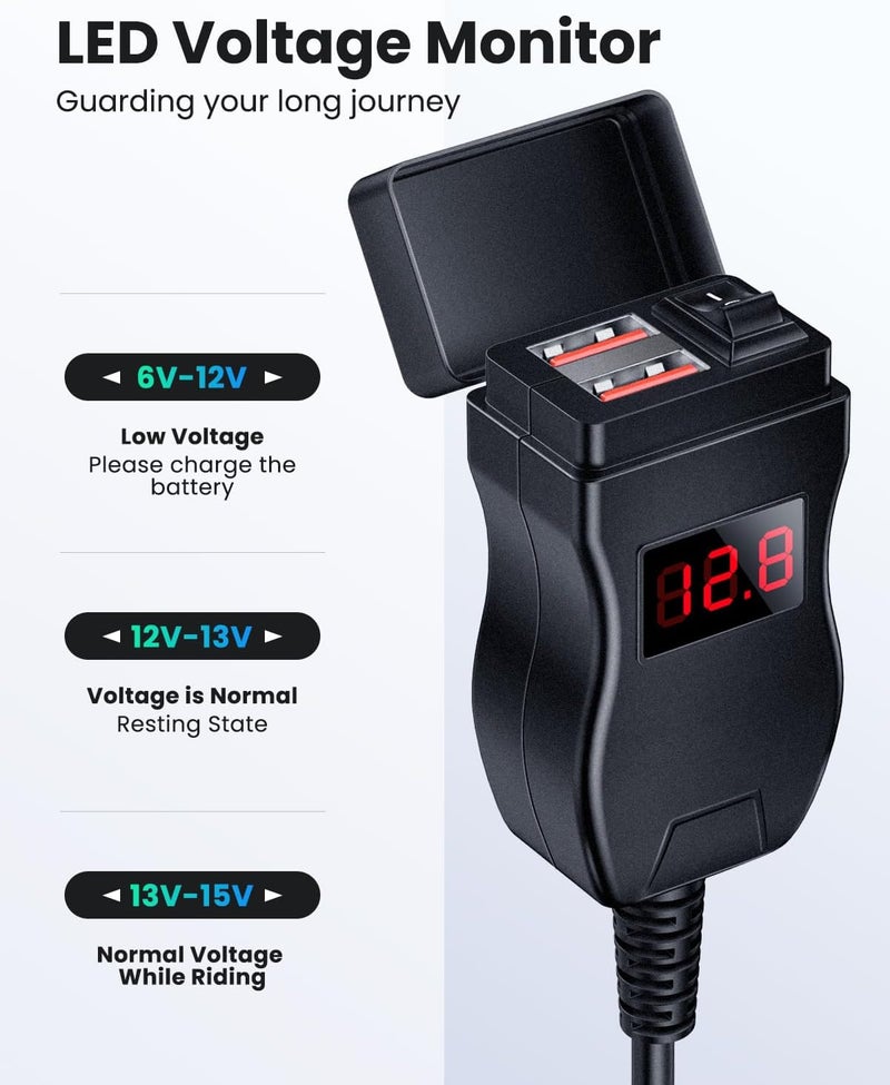 Randpow Motorcycle USB Charger(36W), Dual USB Motorcycle Phone Charger Port, SAE Adapter with ON/Off Switch & LED Voltage Monitor, Suitable for Dirt Bike, ATV (Red) - Image 4
